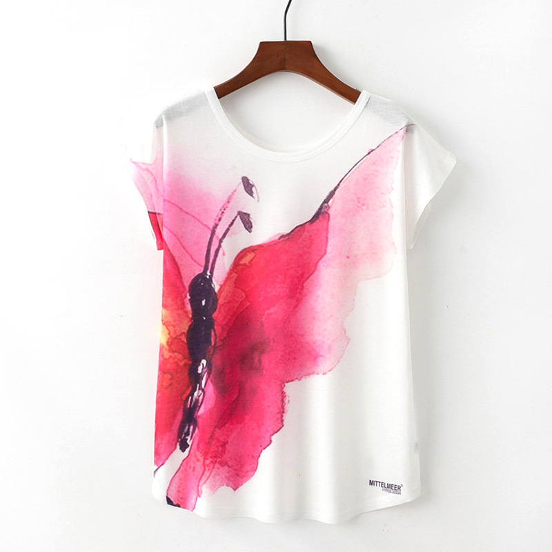 

Summer new water painting pink butterfly round neck short sleeve loose women's T-shirt, White