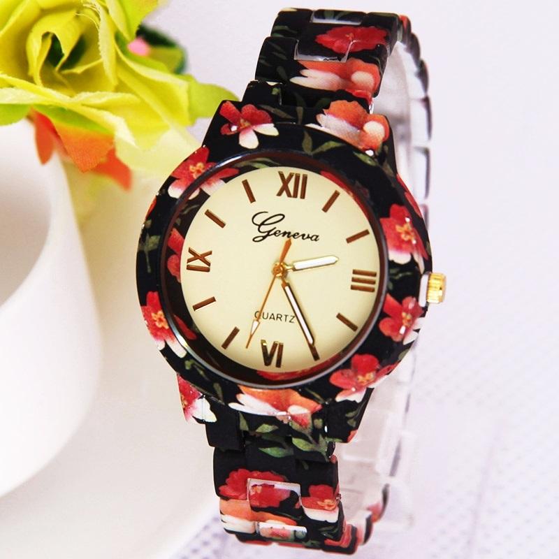 

Wristwatches Gnova Platinum Fashion Women Watch Flower Print Plastic Band Geneva Style Quartz Wristwatch Vintage Clock Para Femme Girlfriend, Red
