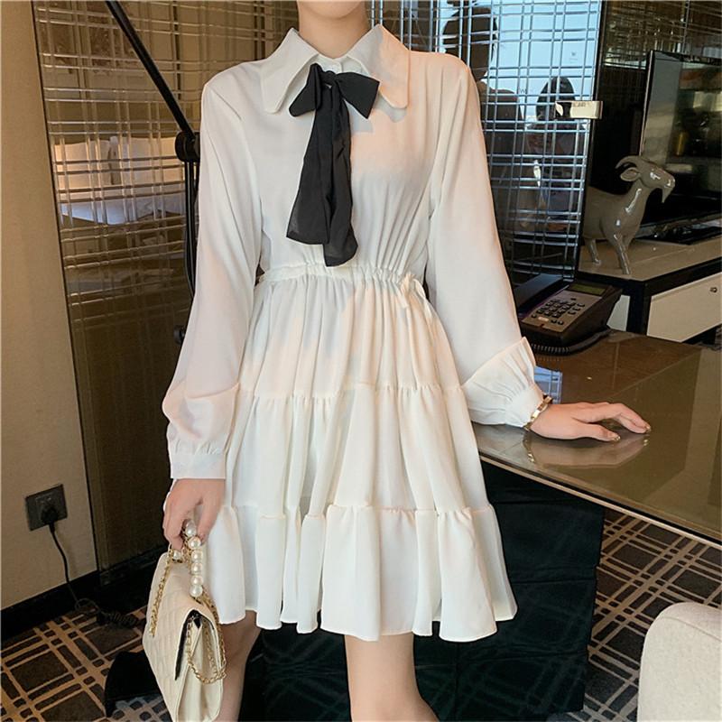 

Casual Dresses Women 2021 Spring Sweet Black White Dress Retro Hepburn Style Long Sleeve Bow Tie Mini Simple Design Girl Party