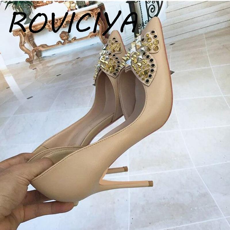 

Summer Apricot 10cm Stiletto Pointed Toe Sexy High Heels Pumps Women Shoes with Bow Rivet plus size LX002 ROVICIYA, 12cm