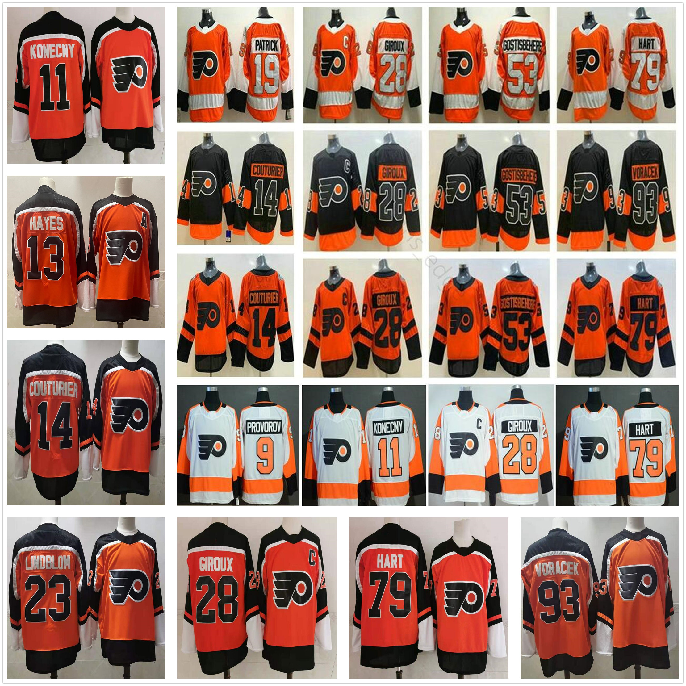 

2021 Reverse RetroÂ Philadelphia Flyers 28 Claude Giroux 9 Ivan Provorov 53 Shayne Gostisbehere 93 Jakub Voracek 79 Carter Hart Hockey Jersey, Black;red