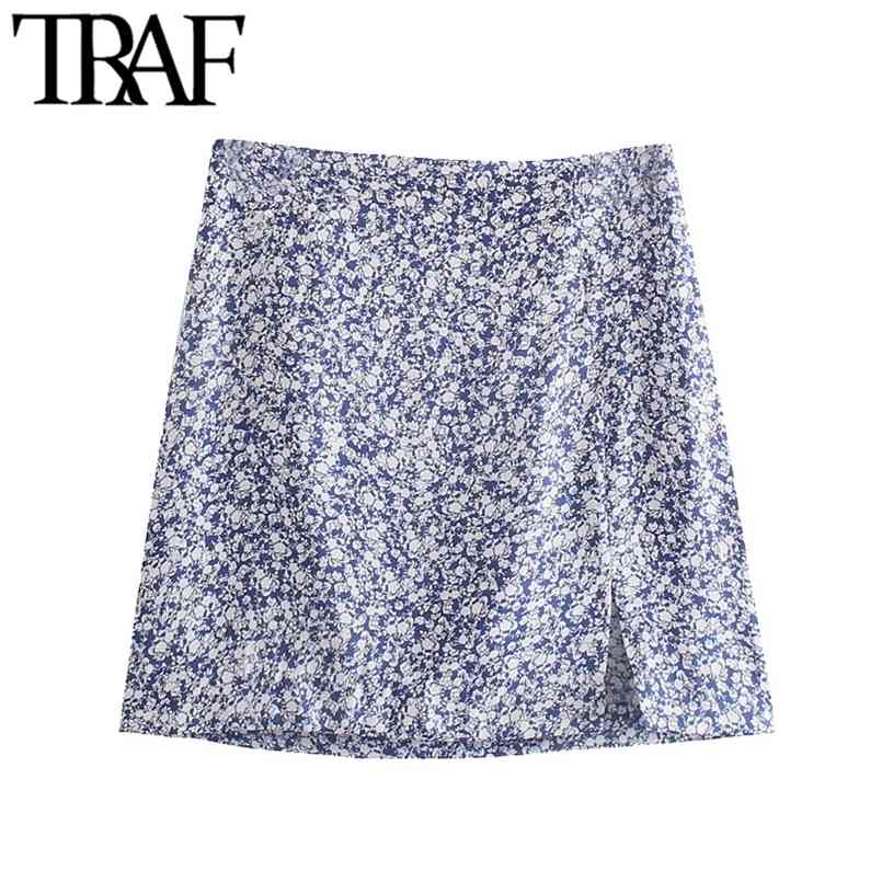 

TRAF Women Chic Fashion Floral Print Front Slit Mini Skirt Vintage High Waist Side Zipper Female Skirts Mujer 210708, As picture