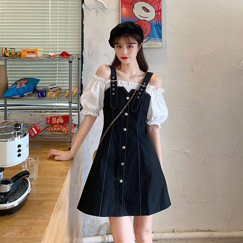 

2021 New Women Off Shoulder Strap Summer Sleeve A-line Ladies Elegant Mini Fashion Fake Two Patchwork Es Elg1, Black