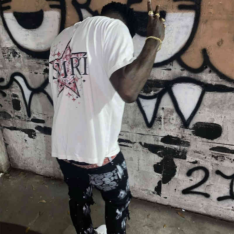 

HOT Selling 2022 High Street A miri Cashew Nut Flower Pentagonal Star Casual Loose Men' and Women' Same Fashion Versatile Short Sleeve T-shirt 6555, White