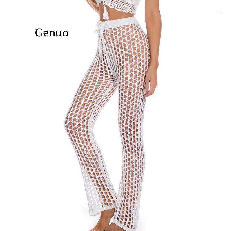 Sexy Tunic Crochet See Through Beach Lounge Pants White Black Fashion Fishnet Sheer Long Wide Leg Bottoms Beachwear Trousers Women's Swimwea-image-735654430