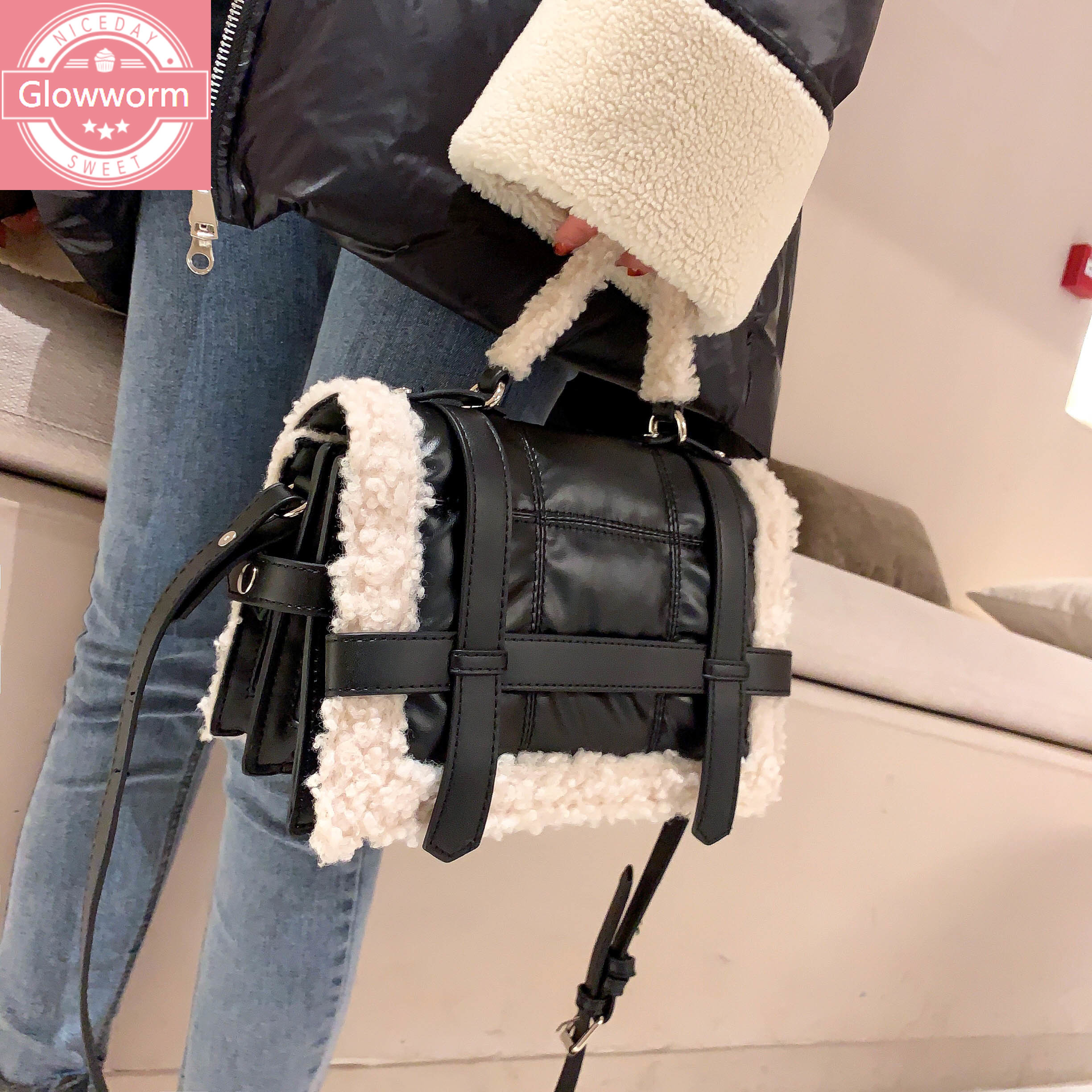 

fashion lambswool quilted women handbags design brand shoulder bags luxury pu leather space padded crossbody messenger bag 2021 C0225, Khaki b