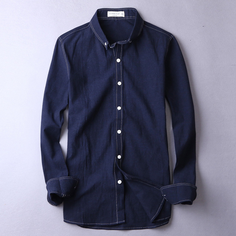 

2021 New Algodo e Linho Marca Outono Primavera Casuais Para Homens Moda Confortvel Camisa Masculina Camisas Slidas Ftqz, Dark blue