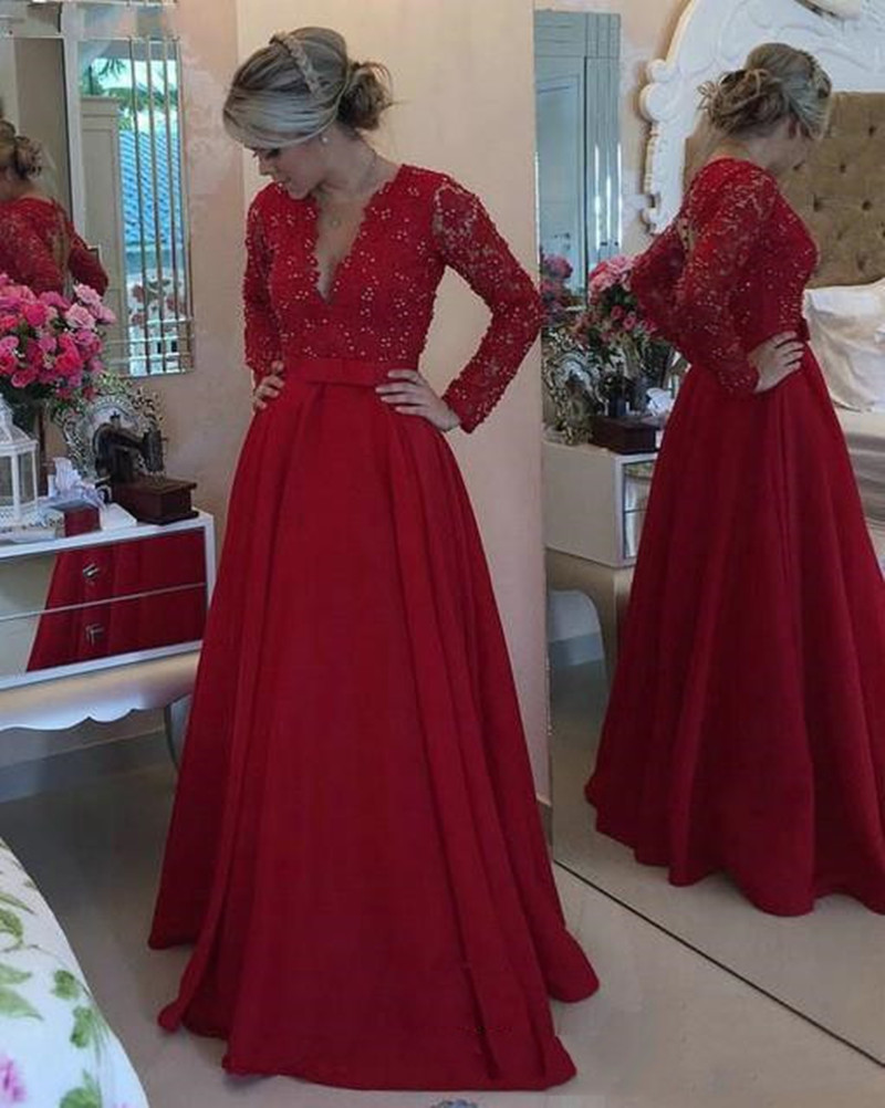 

Red Lace Mother of the Bride Dress for Weddings Beaded Long Sleeve A Line Evening Groom Godmother Dresses