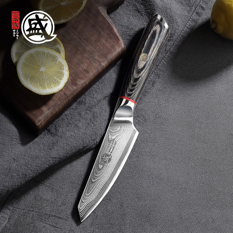 

MITSUMOTO SAKARI 4inch Japanese Aichi Aus10 Damascus Stee handcrafted petty knife durabe wood Hande Wooden gift BOX
