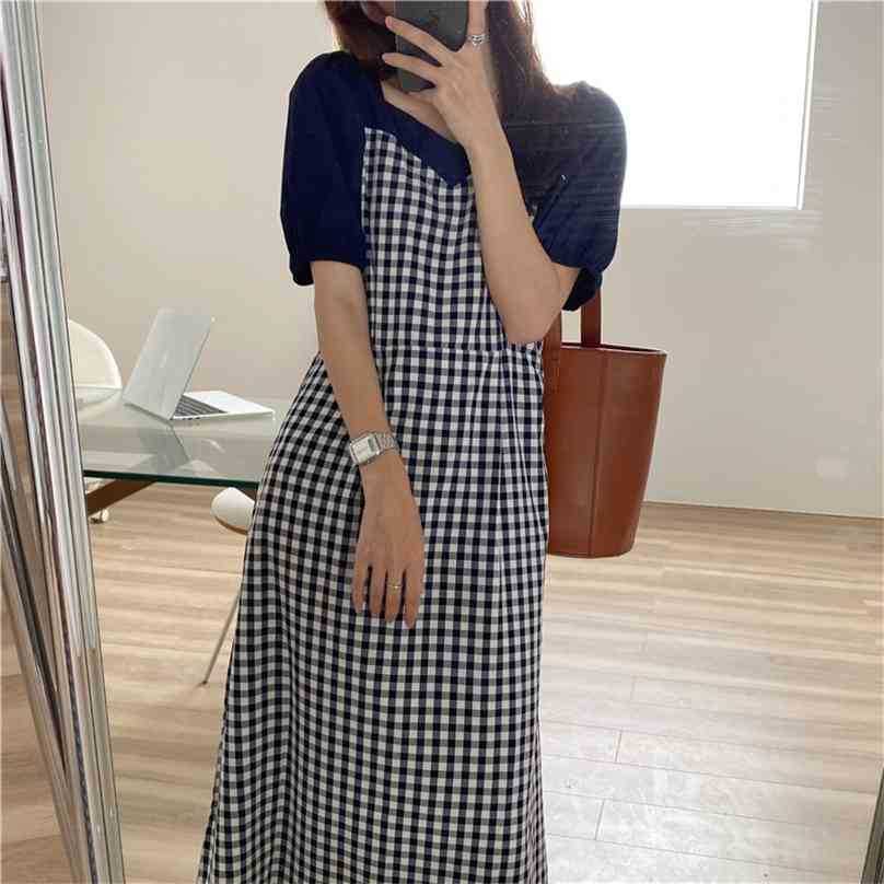 

Korean Plaid Sexy Sweet Color-Hit Elegance Prom Chic Femme Lady OL Gentle Streetwear Long Dresses Vestidos 210525, Blue