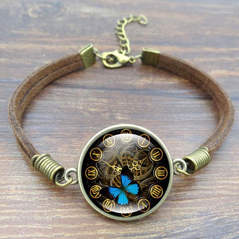 

Retro Butterfly Clock Time Gem Charm Bracelet Vintage Watch Glass Genuine Leather For Women Men Gift Bangle