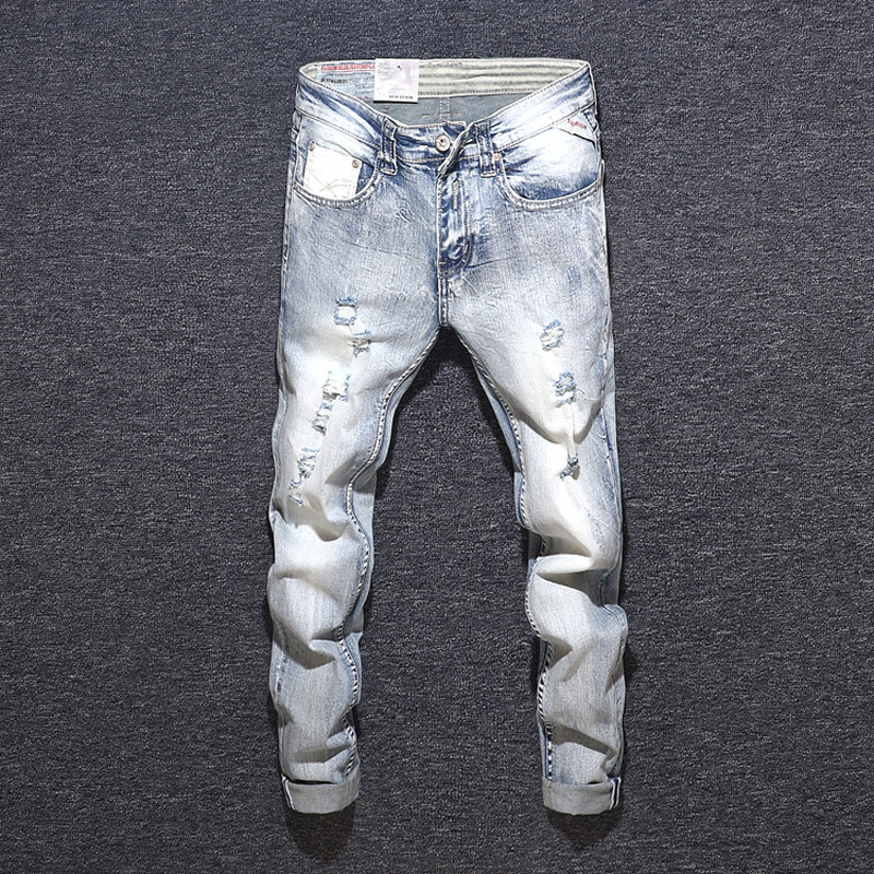

2021 New Italian Style Fashion Light Blue Slim Fit Destroyed Ripped Men Denim Pants Elastic Vintage Designer Jeans Homme T9kf
