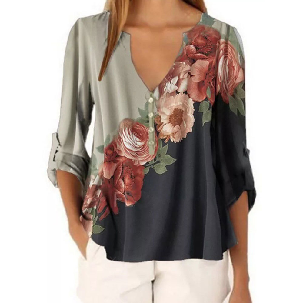 

2021 New Vintage Floral Print Loose Casual Half Sleeve v Neck Patchwork Shirt Office Lady Chiffon Blouse Tops Blusas Wvez, As photo