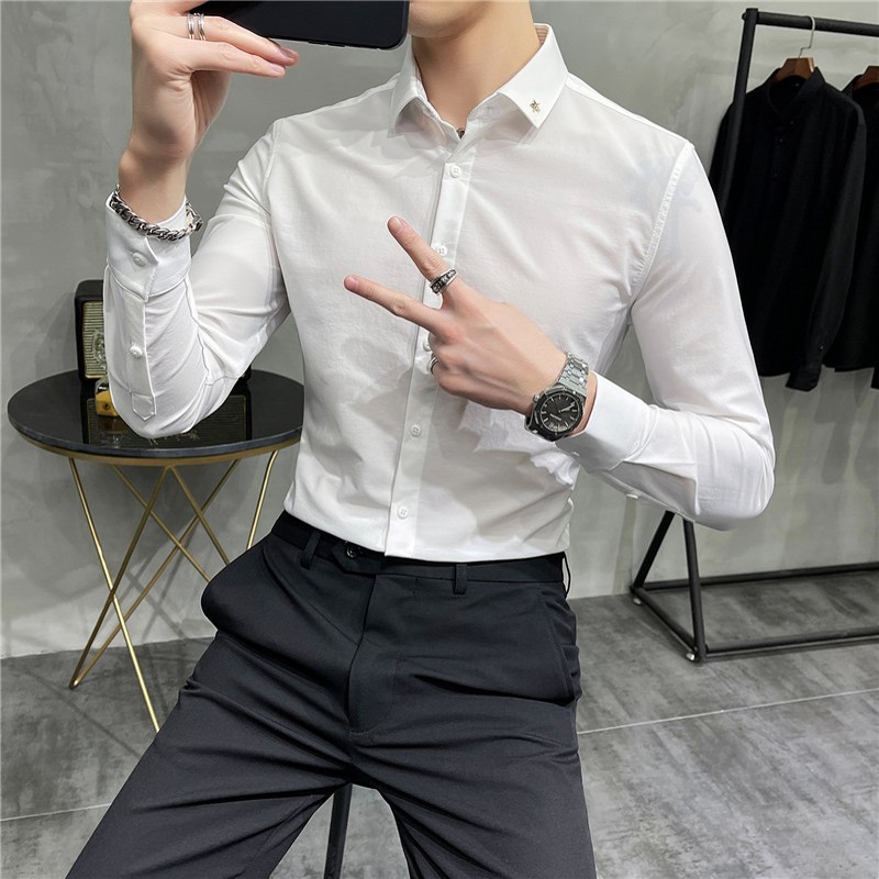 

New Alta Qualidade Coreano Senhores Vestido Camisas Roupas Masculinas 2021 Manga Longa Simples Fino Ajuste Casual Negcios Formal Wear Plus S, Black