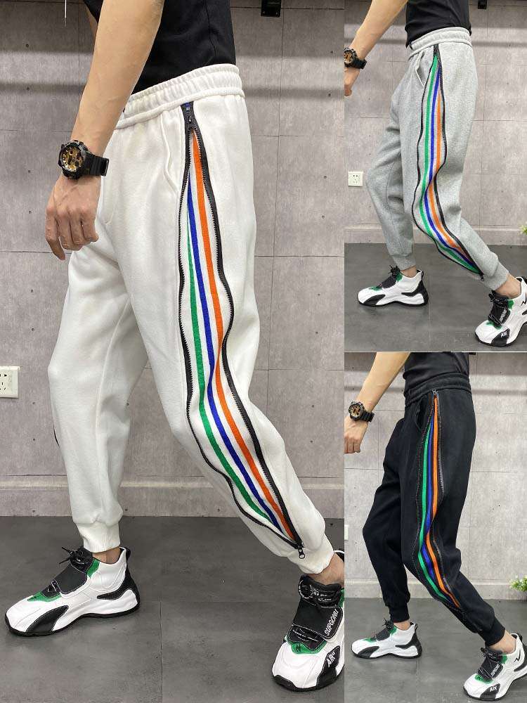 

Ins sports pants men's fashion brand loose Korean color velvet casual pants side zipper small foot binding Harem Pants, Blue