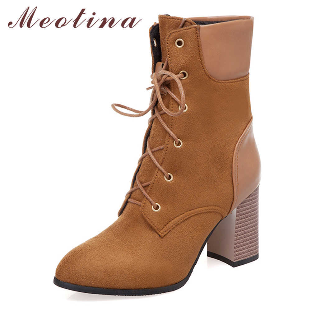 

Meotina Winter Ankle Boots Women Shoes Lace Up Block High Heel Short Boots Fashion Pointed Toe Shoes Lady Autumn Large Size 3-12 210608, Black