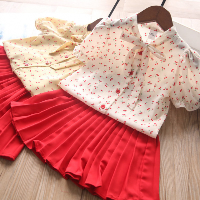 

Girls Cherry Bow Tie Shirt+Pleat Skirt Outfits Summer 2021 Kids Boutique Clothing Korean 2-7T Girls Short Sleeves 2 PC Set, White
