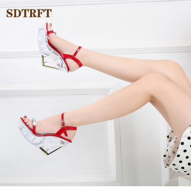 

SDTFET 10cm High Heel Shoes PVC Transparent Wedges diamond Sandals For Women Sandalia Ankle Strap Open Toe Fetish Ballet Pumps, White