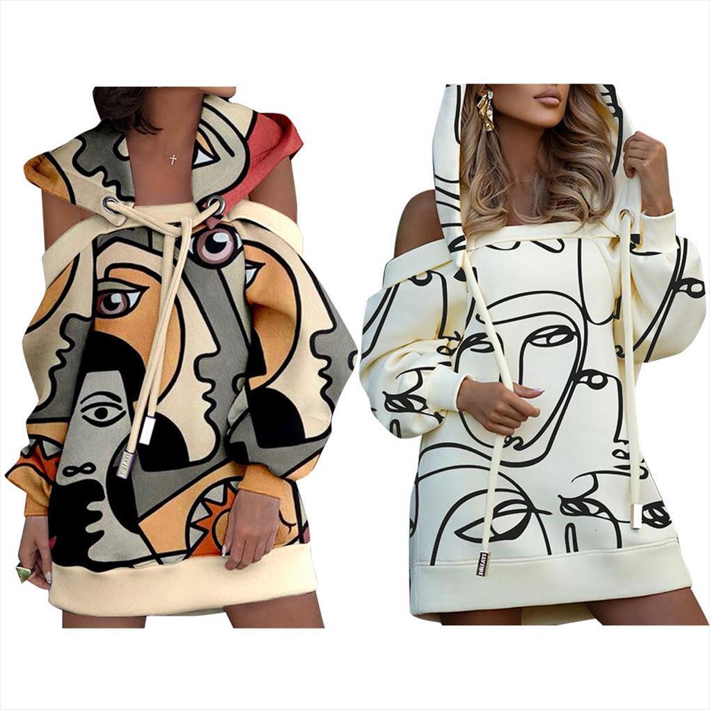 

autumn winter cold women dresses shoulder loose drawstring hoodie casual streetwear catoon print mini vestidos, Black;gray