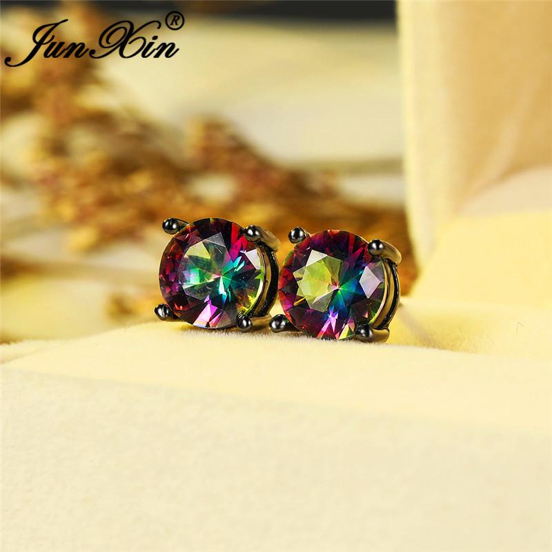 

Stud Female Male 8MM Rainbow Fire Crystal Round Earrings White Gold Black Colorful Zircon Wedding For Men Women Cz