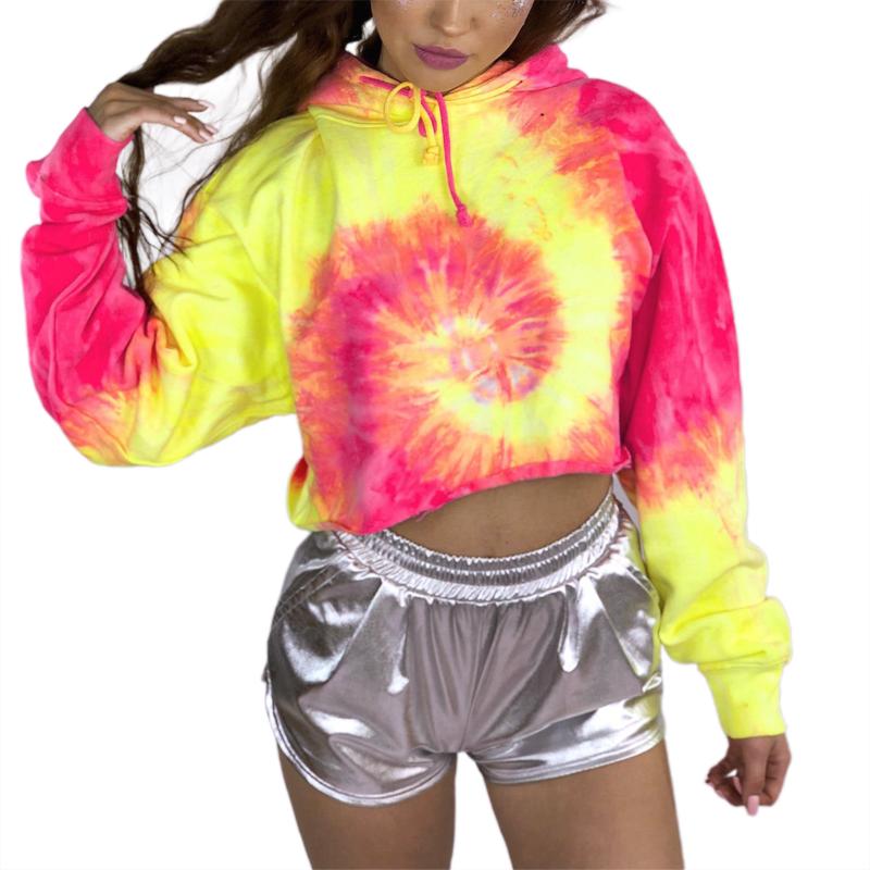 

Women' Hoodies & Sweatshirts Women Short Tie Dye Hoodie Long Sleeve Hooded With Drawstring Casual Style Pullover