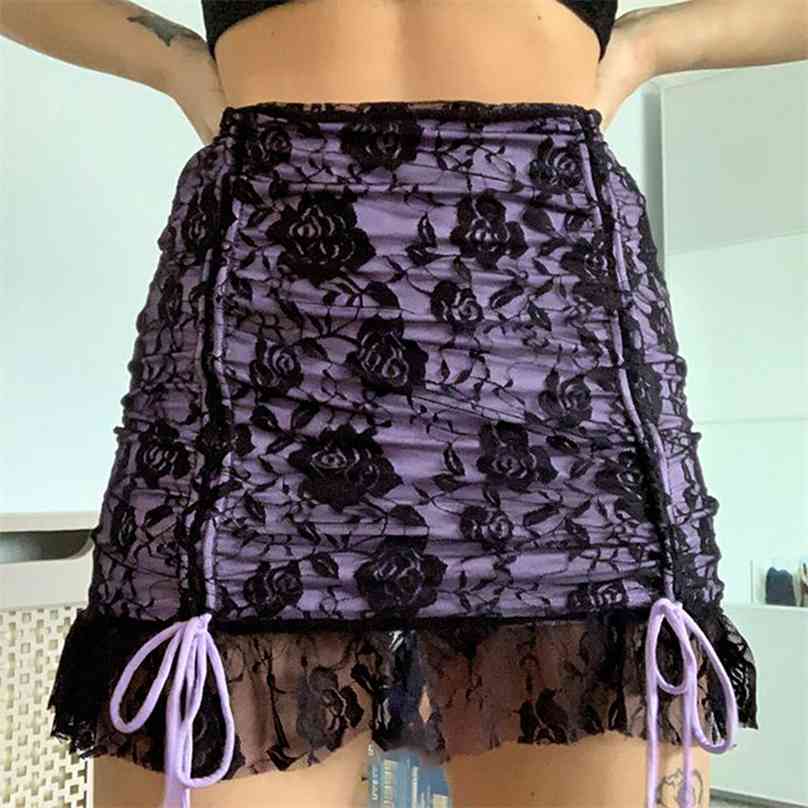 

Drawstring Mesh Goth Y2k Skirts Women Double Layer Lace Up Egirl Mini Dark Academia Aesthetic 90s Gothic Streetwear 210629, Purple