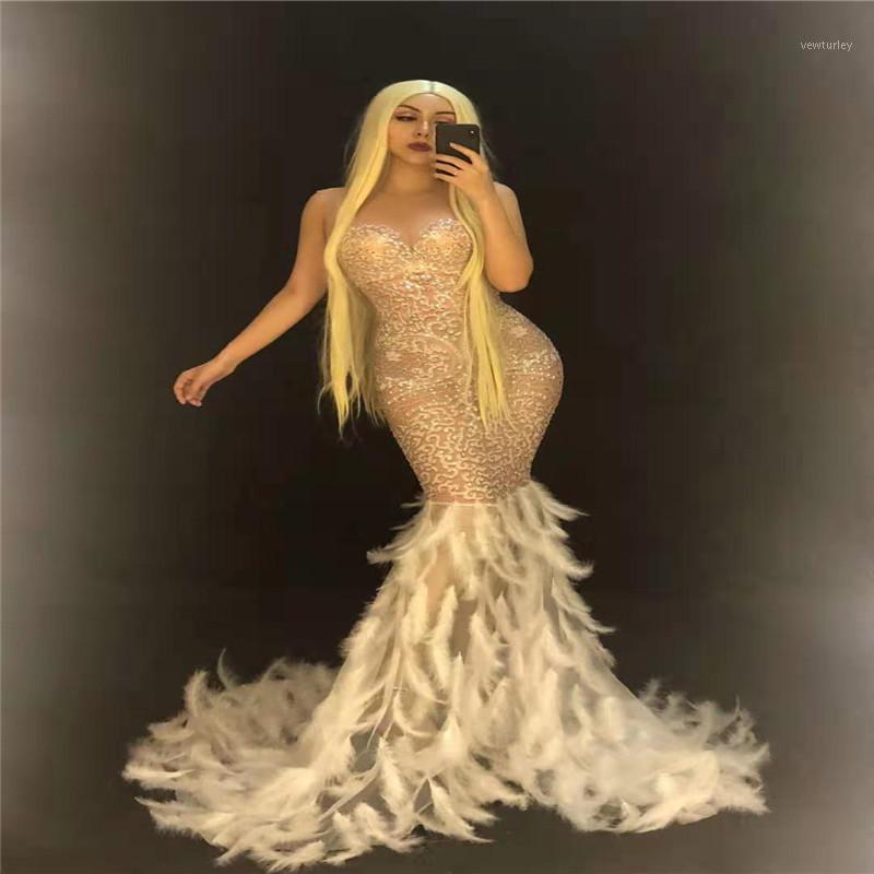 

Party Decoration D30 Female Club Sexy Evening Long Net Yarn Dress Wears Feather Rhinestones Dresses Singer Performance Skirt Dance Costumes
