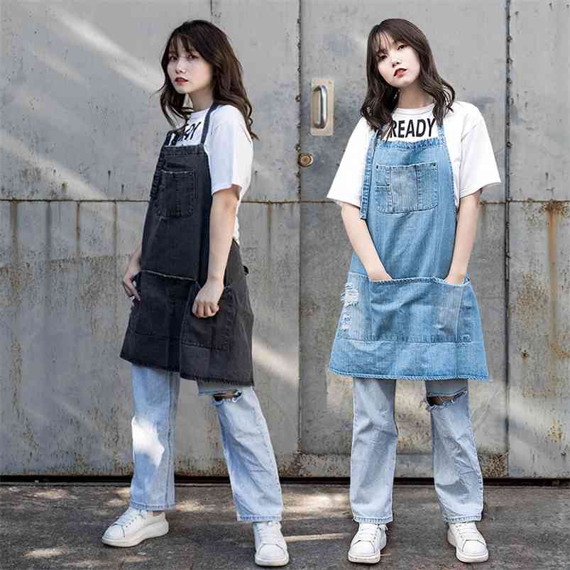 

Cotton Denim Adjustable Bib Apron with 5 Pockets Cooking Kitchen Women Men Jean for Cafes Lounge Bars 210623