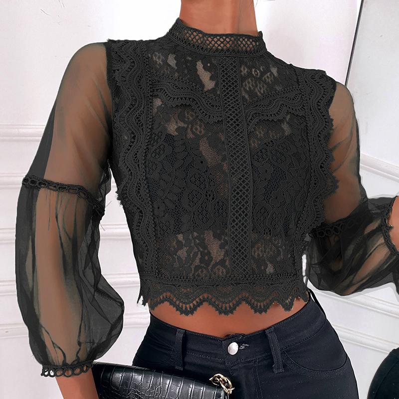 

Women' Blouses & Shirts Y2K Lace Women Summer Clothes Black Loose Crop Tops Ladies Hollow Out Mesh Elegant Boho Lantern Sleeve Blouse, Green