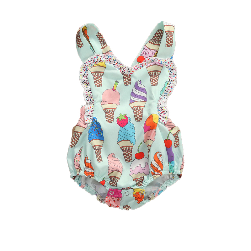 

Baby Girl Clothes Ice Cream Print Sleeveless Ruffle Backless Cute Romper One-Piece Outfit Sunsuit Summer, Default color