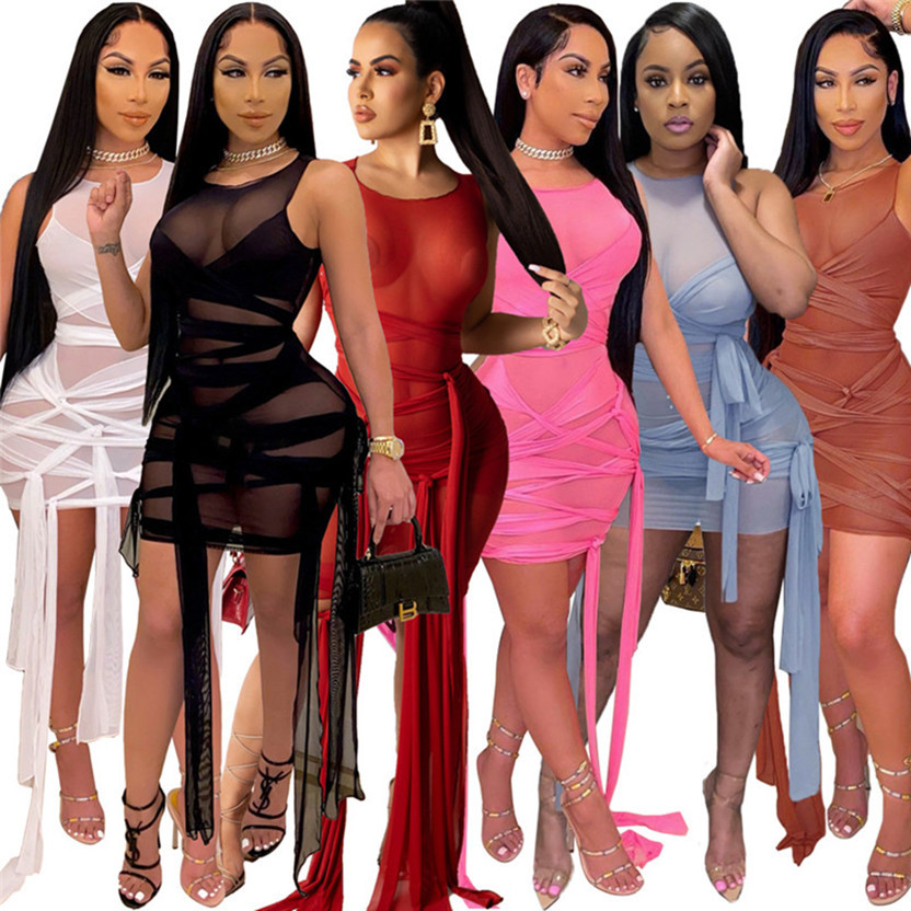 

XS-XL Women night club wear sexy sheer dresses black mesh miniskirt sleeveless skinny bandage one-piece dress fashion package hip skirt 1618, Gray