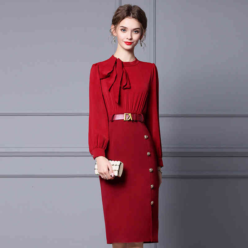 

Casual Dresses Zhili autumn dress wine red high waist belt tie bow medium long Hip Wrap one-step skirt 00R0