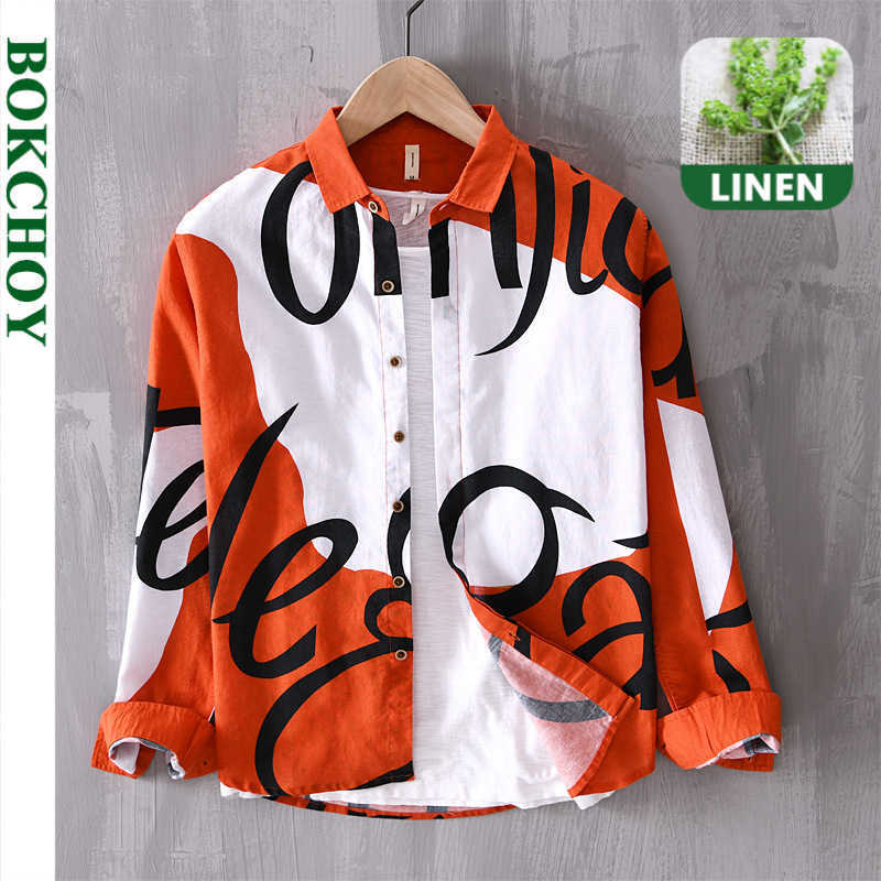 

Cotton Linen Men Shirt Breathable Long Sleeve Casual s Loose Trendy Print 210721, Red