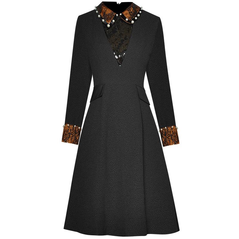 

Casual Dresses Runway Designer High Quality Autumn Women' Fashion Party Vintage Elegant Sequin Embroidery Lace Beading Mini Dress, Black