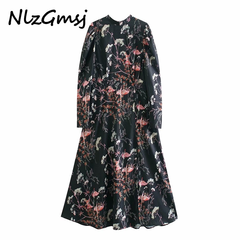 

Dres Spring Autumn Fashion O Neck High Waist Ankle-length Long Sleeve Loose Elegant Printing 210628, As picture