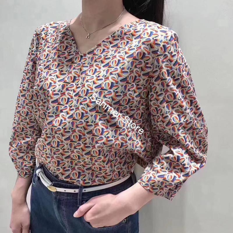 

2021 New Camisa Feminina De Algodo Clssico Impresso Com Decote Em v Voltar Lao at Trs Quater Manga Blusa Topos Primavera e Vero Novo U3am, Black