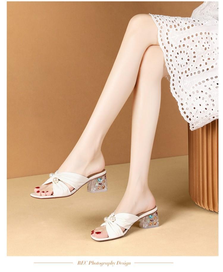

Slippers Womens Fashion Summer Peep Toe Pearls Ruched Mid Heels Slides C220, Beige