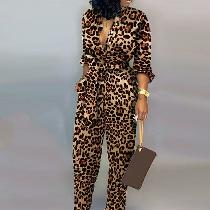 2021 Women Jumpsuits Long Sleeves Leopard Printed Button Up with Waist Belt Fashion Casual Female Romper Playsuits New African Ladies 66c4-image-662795944