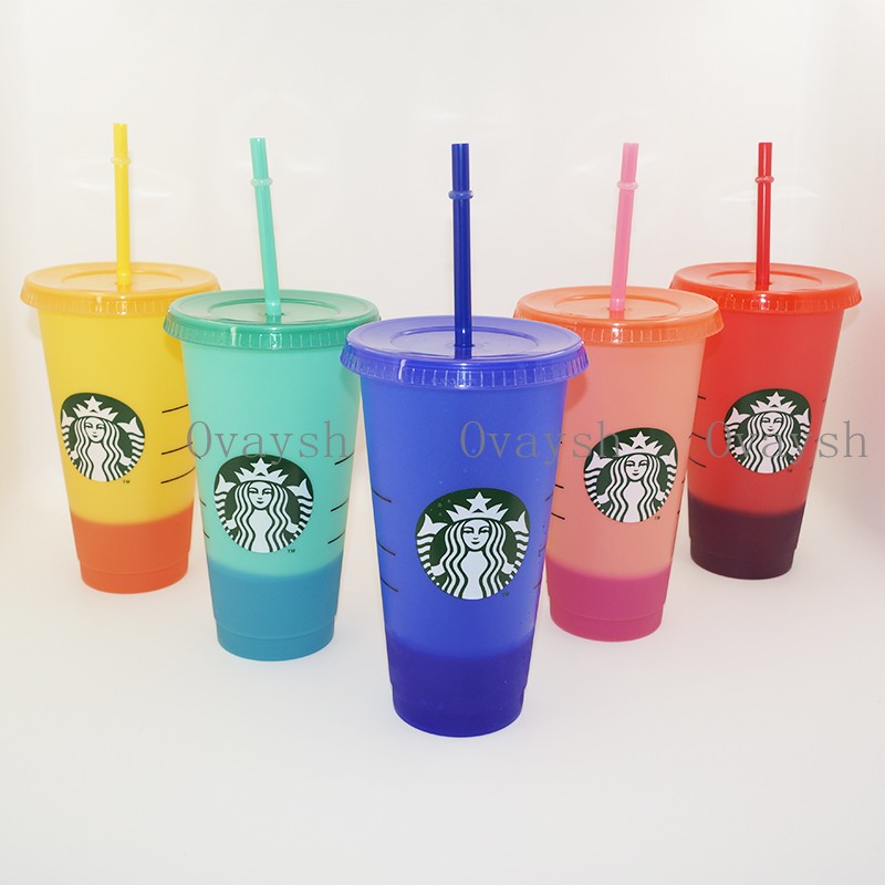 

24OZ/710ml Starbucks Color Change Plastic Tumbler Reusable Clear Drinking Flat Bottom Cup Pillar Shape Lid Straw Mug Bardian, Multi-color