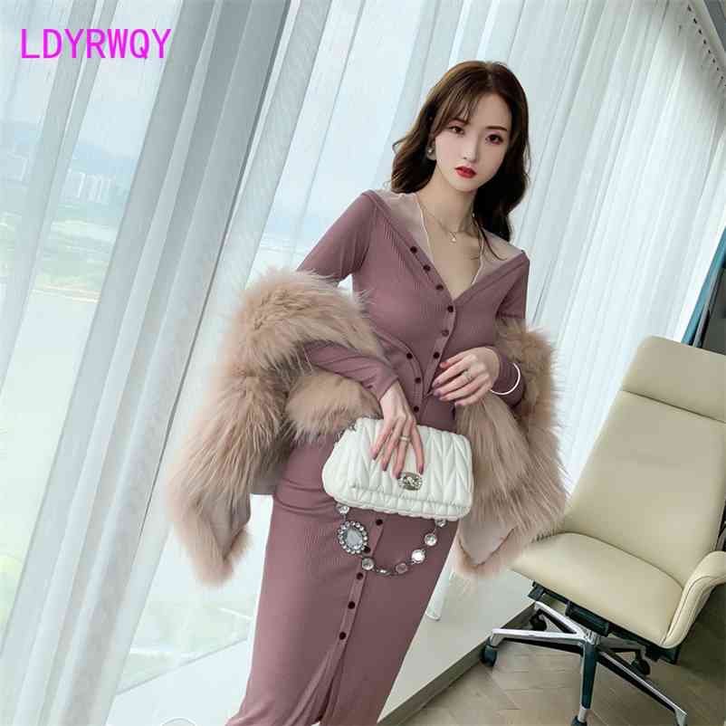 

LDYRWQY Autumn and winter French knitted waist nuns show thin temperament through the yarn stitching dress Zippers 210603, Bean paste