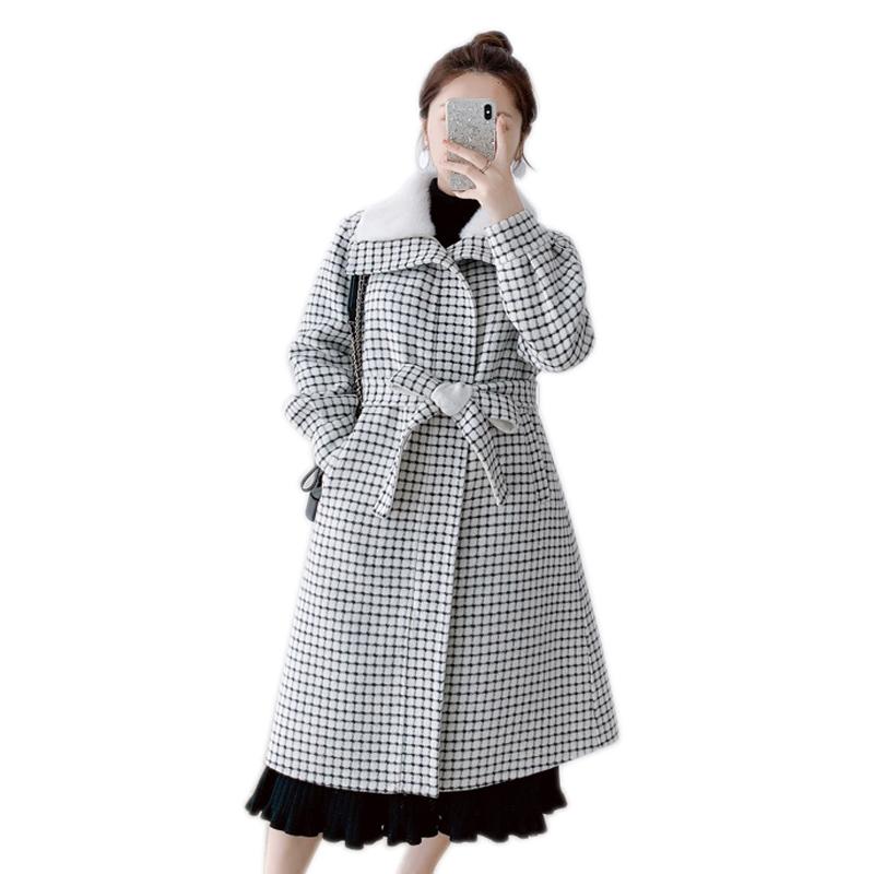 

Women's Fur & Faux Plaid Double-faced Cashmere Coat Women Long Lace-up 2021 Mink Collar Woolen, Black