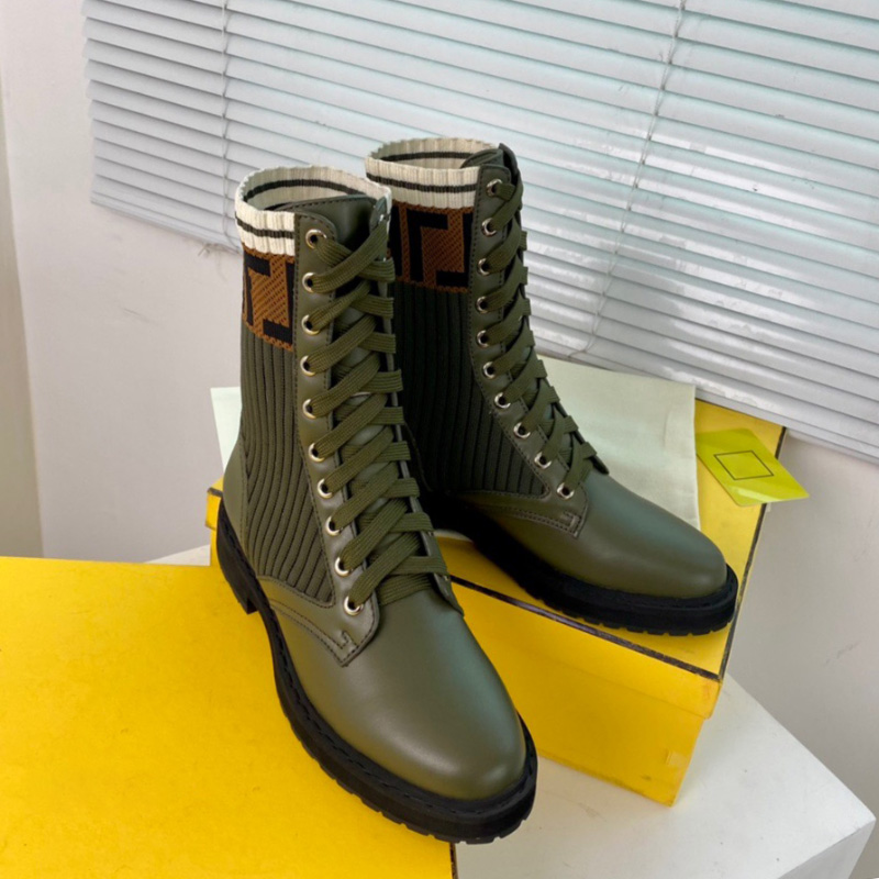 

Zucca cuff ribbed knit sock-like flats Ankle biker boots Rockoko stretch fabric with green leather combat Booties for women luxury designer shoes factory footwear