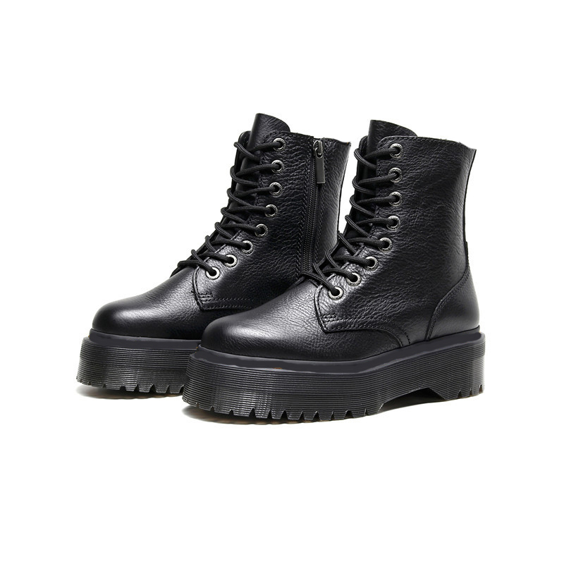 

Women platform bottes 8 holes front zipper soft leather designer short ankle booties black frauen stiefel