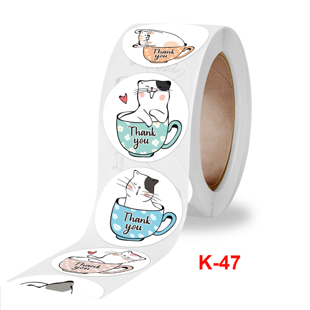 

Cute Cat Children Cartoon Thank You Adhesive Stickers Printed 1 inch Envelope Package Paper Labels 500pcs/roll 1.5 inches