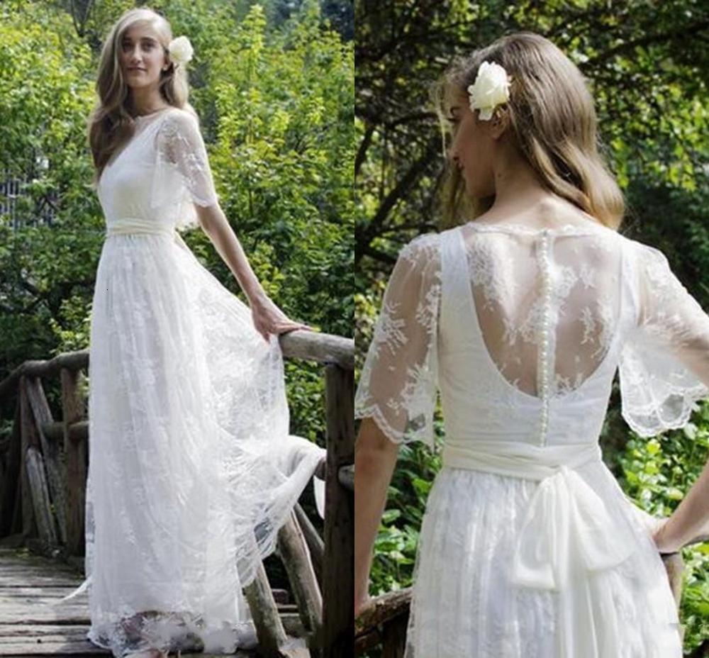 

2021 New Bohemian Beach Lace Es Elegant Plus Size Floor Length Boho Wedding Bridal Gown Vestidos De Noiva Ttb1, Ivory