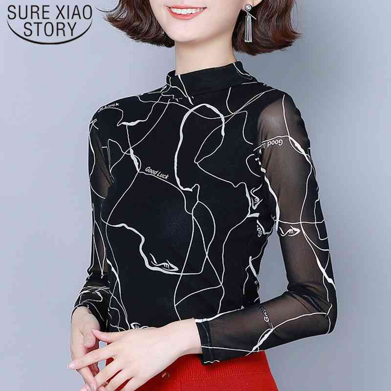 

Fashion Mesh Long Sleeve Print Bottomed Women Shirts Slim Ladies Tops Hollow Black Sexy Blouses Stand Plus Size 7509 50 210527, Photo