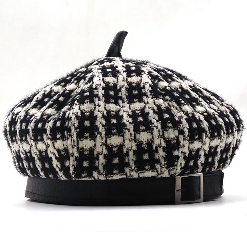 

Berets Simple Women Wool Beret For Elegant Lady Winter Female Fur Hats Plaid Vintage Octagonal Casual Boina Autumn Girl Cap, Black