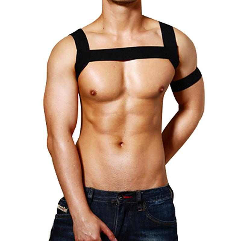 

Men Chest Harness Bondage Harnas Mannen Erotic Crop Top Elastic Shoulder Strap Belt Gay Lingerie Sexy Costume 2Sets