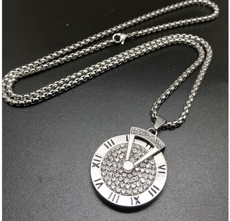 

Turn time disc letter diamond necklace hip hop trendy men versatile autumn and winter couple sweater chain accessories pendant, Silver