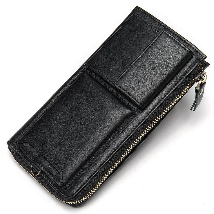 

Wholesale men's cowhide leather long wallets multi-card position genuine leathers wallet fashion zipper clutch 7841, Black
